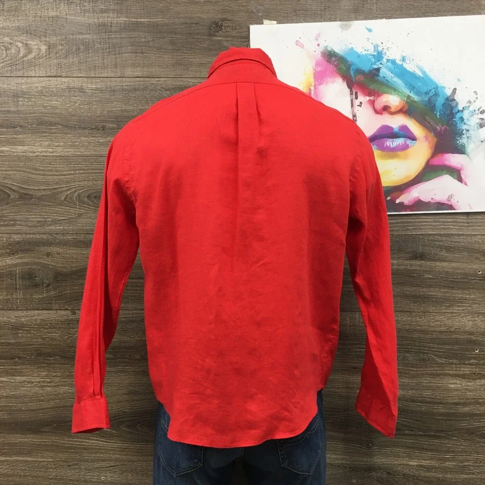 Polo Ralph Lauren Mens Red 100% Linen RL Untucked Fit Button Down Shirt Large